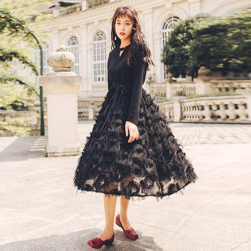 2018秋冬女装新品上下拼接圆领连身裙洋装 赫本风格 YZQ81064 - 洋装/连衣裙 - 其他材质 黑色