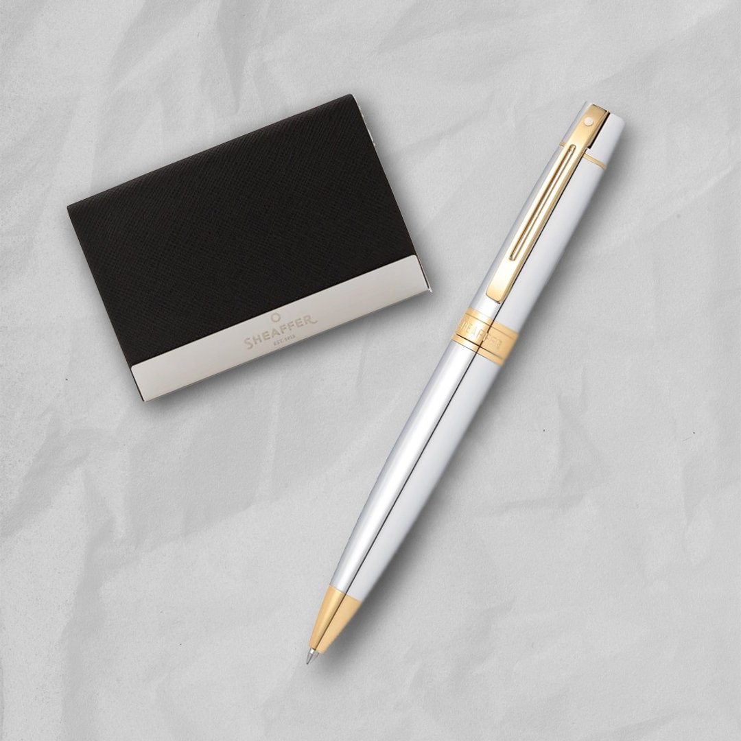 【SHEAFFER】300 系列银杆金夹原子笔 + 商务名片盒 免费刻字 - 圆珠笔/中性笔 - 其他金属 银色