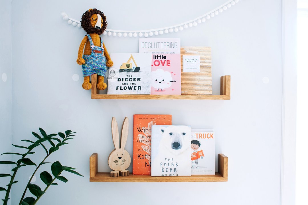 Set of 2 Floating Wall Book Shelves for Kids Room, Oak Wood Nursery Bookshelves - 儿童家具 - 木头 