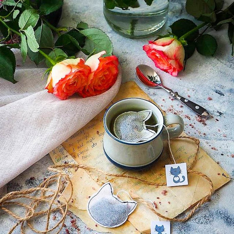 5 Blue Cat Shaped Tea Bags/Made in France, Tea Gifts, Looseleaf Tea, Cat Lovers - 茶 - 其他材质 白色