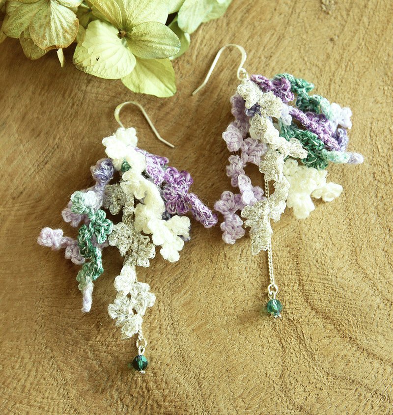 绣球紫绿 絮絮花垂坠耳环 925纯银耳勾 编织 伴娘耳饰 结婚礼物 - 耳环/耳夹 - 棉．麻 紫色