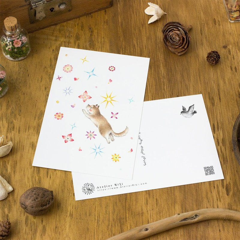 4 pieces set. Like a picture book. Postcard "puppy cinnamon, flowers and stars snow" PC-326 - 卡片/明信片 - 纸 粉红色