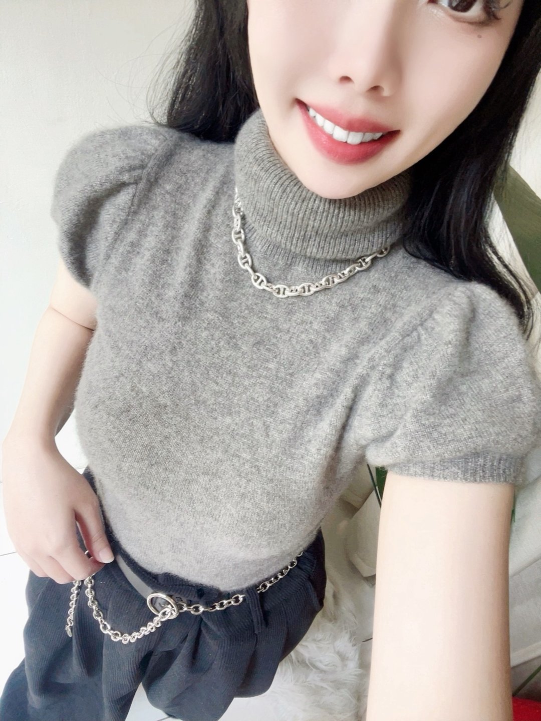 墨灰高领华丽气质公主澎袖 古董羊绒羊毛衣毛衫cashmere sweater - 女装针织衫/毛衣 - 羊毛 灰色