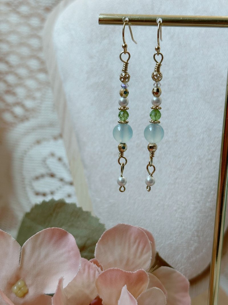 蔚蓝晨光 l 海蓝宝 橄榄石 Swarovski水晶珍珠 耳环 - 耳环/耳夹 - 水晶 蓝色