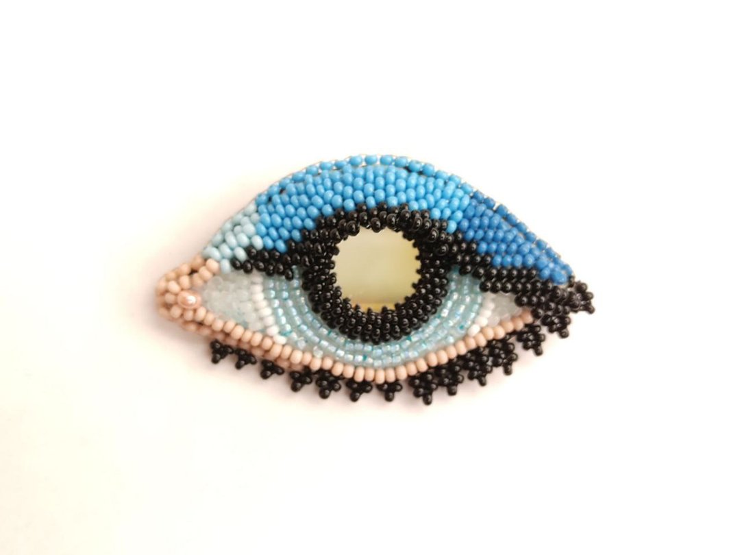 Brooch pin Evil Eye embroidered brooch beaded brooch boho brooch blue eye - 胸针 - 玻璃 蓝色