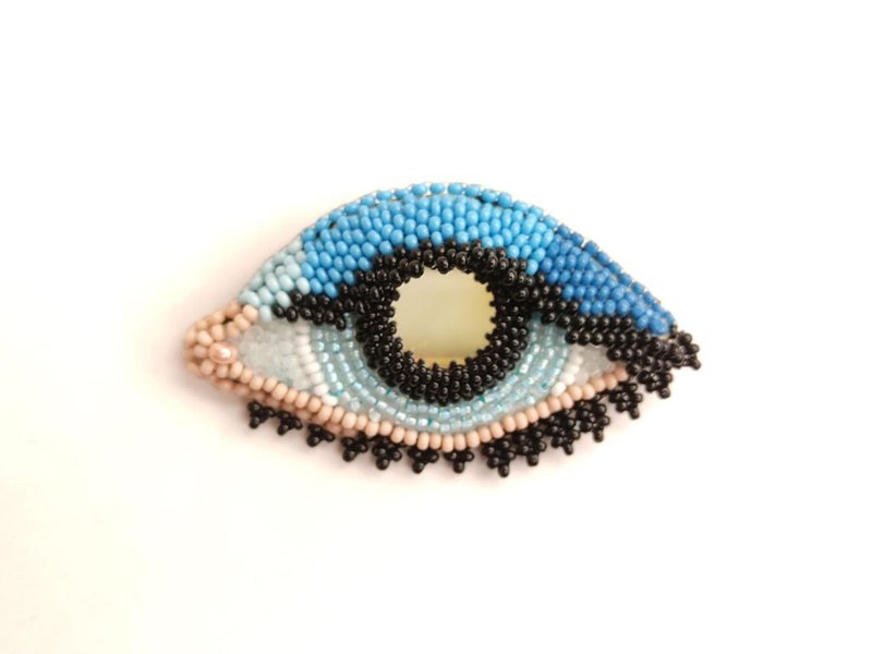 Brooch pin Evil Eye embroidered brooch beaded brooch boho brooch blue eye - 胸针 - 玻璃 蓝色