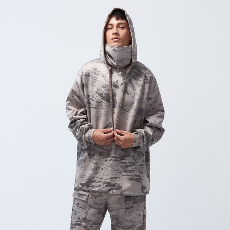 【限时5折】独家机能/防水透湿刷毛冲锋衣-银啡麻印花 - 中性连帽卫衣/T 恤 - 聚酯纤维 灰色