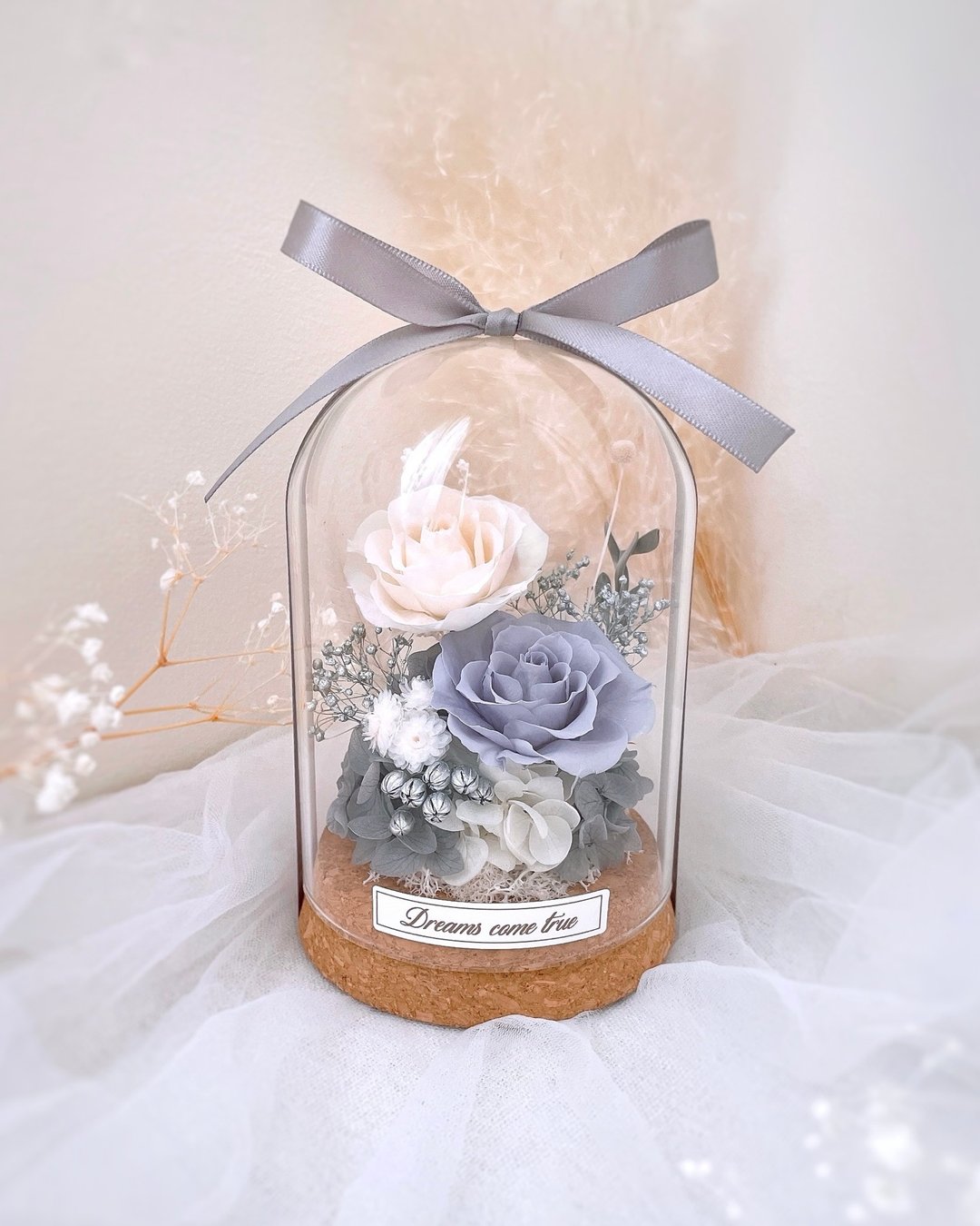 永生花玻璃盅 - 银雾灰 l 不凋花玻璃盅 日本玫瑰 情人节礼物 - 干燥花/捧花 - 植物．花 银色