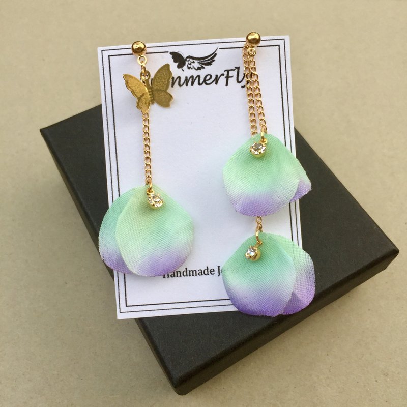 耳针 耳夹—小清新 晕染绿紫色 花瓣耳环—蝴蝶小配件 - 耳环/耳夹 - 其他金属 绿色