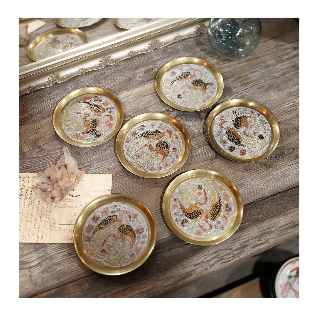 印度老件.手工珐琅釉小铜盘.百花火鹤图案.摆件.茶托.小置物盘 - 其他 - 其他金属 