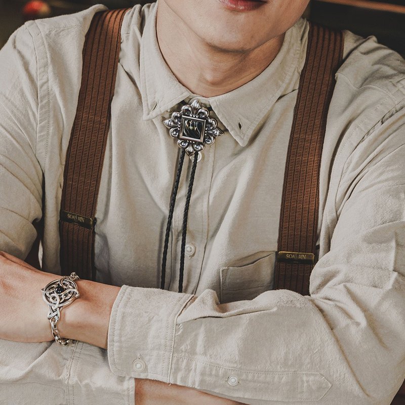 绅士鸢尾花 保罗领带 Bolo Tie 皮革项链 皮绳领带 长项链 - 领带/领带夹 - 人造皮革 银色