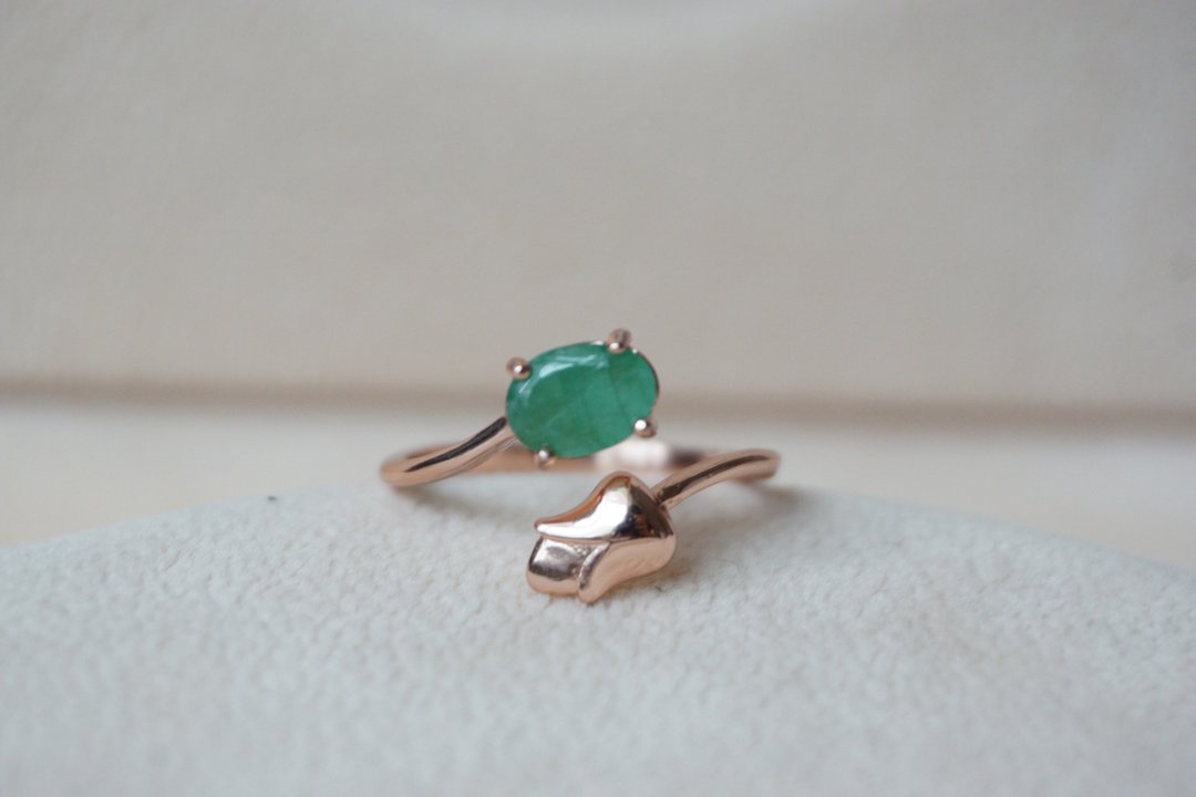 Natural Emerald Silver925 Ring, Flower ring - 戒指 - 纯银 绿色