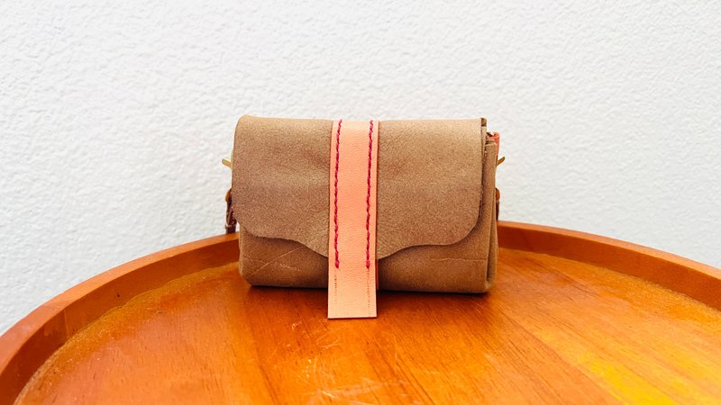 手缝真皮牛皮大地包裂纹超大容量双色零钱包-粉橘 - 皮夹/钱包 - 真皮 咖啡色