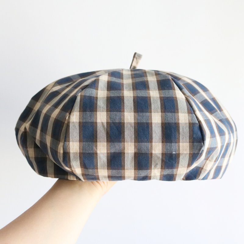 蛋黄酱格子 手工双面六角帽子 画家帽 - 帽子 - 棉．麻 橘色