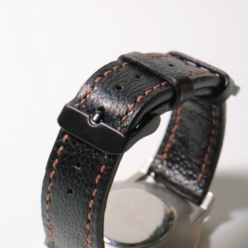 手工头层铬鞣皮表带 20mm - 小荔枝纹亮黑色 - 表带 - 真皮 黑色