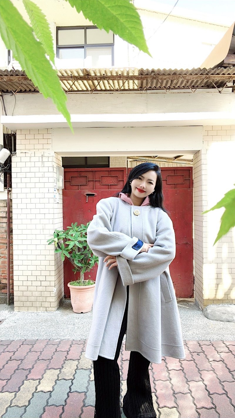 温柔高雅简约藕灰紫调色系 大圆领 安哥拉兔毛羊绒古着长大衣外套 - 女装休闲/机能外套 - 羊毛 紫色