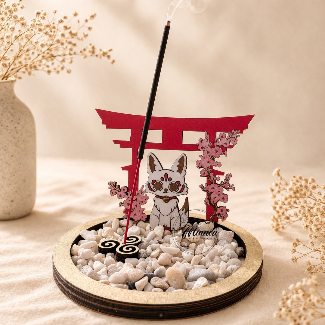 日系鸟居猫神线香座 原创角色香插 疗愈香氛摆设 手工设计 - 蜡烛/烛台 - 木头 金色