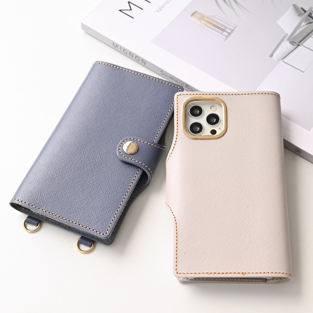 智慧型手机壳 iPhone 限量笔记本 [Saffiano 皮革金框] 带腰带智慧型手机肩刻名字雕刻烫金真皮 AN03K - 手机壳/手机套 - 真皮 蓝色