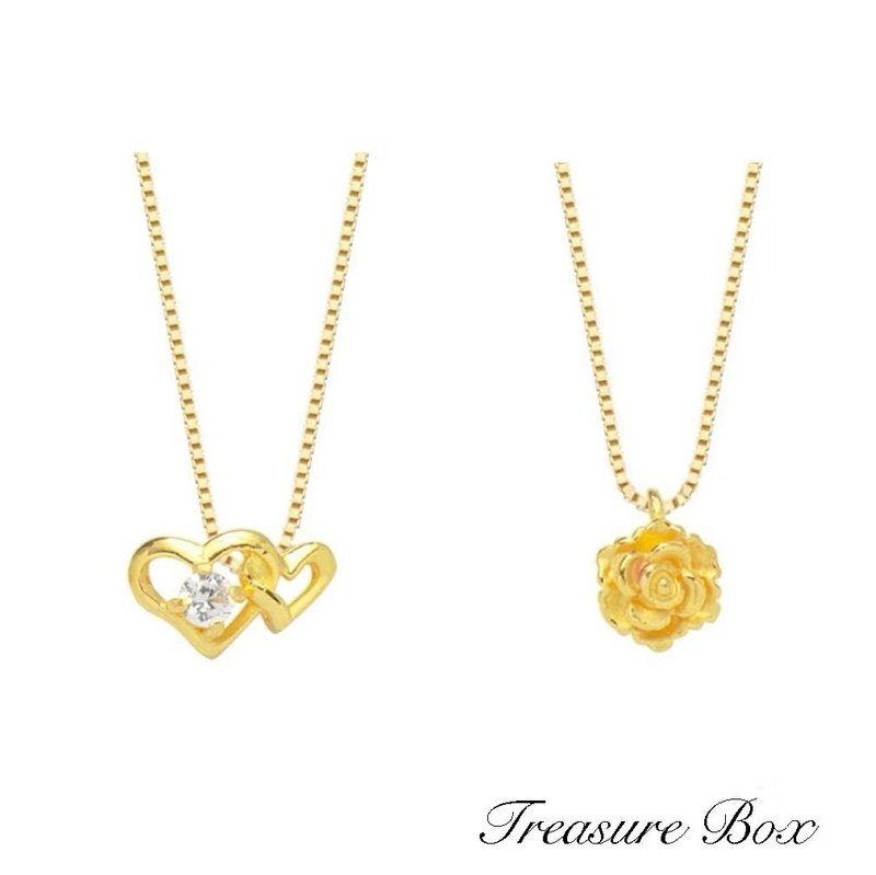 藏宝箱金饰 9999黄金纯金 钻石双爱心 蔷薇坠子 锁骨链项链 - 项链 - 24k 金 