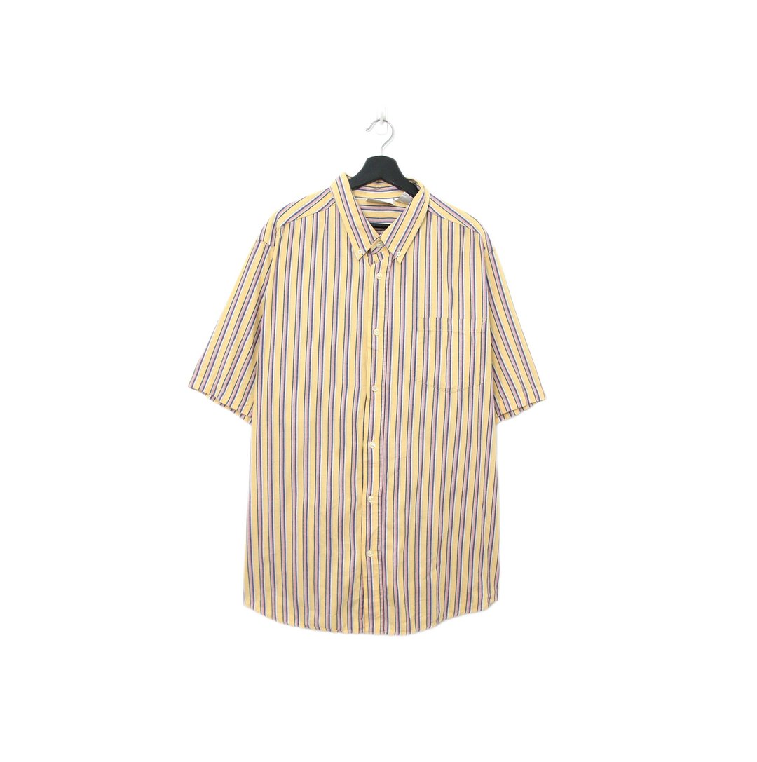 Back to Green-条纹短袖衬衫 鹅黄 紫线条 TS-09/vintage shirt - 男装衬衫 - 棉 
