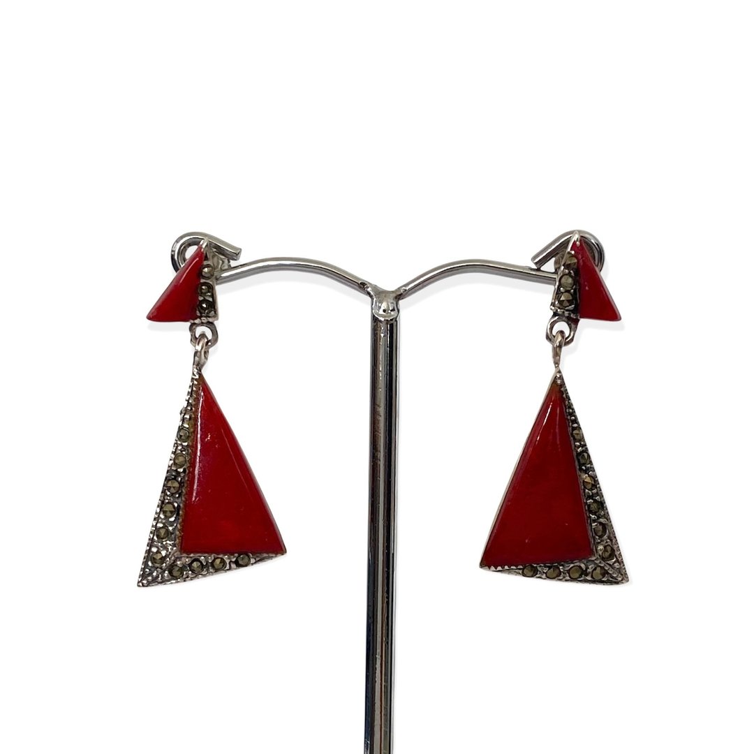 Art Deco Style Triangle Red Coral and Marcasite Earrings/Set 925 Sterling Silver - 耳环/耳夹 - 纯银 红色