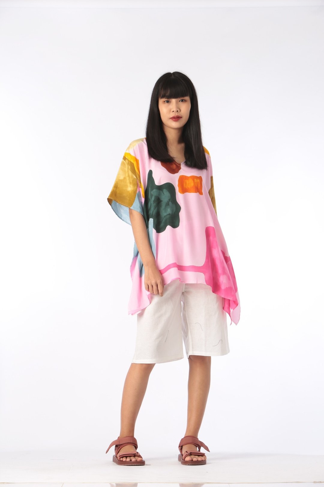 Poncho Blouse Cotton Silk V Nack Hand Painted for Summer res - 女装上衣 - 棉 粉红色