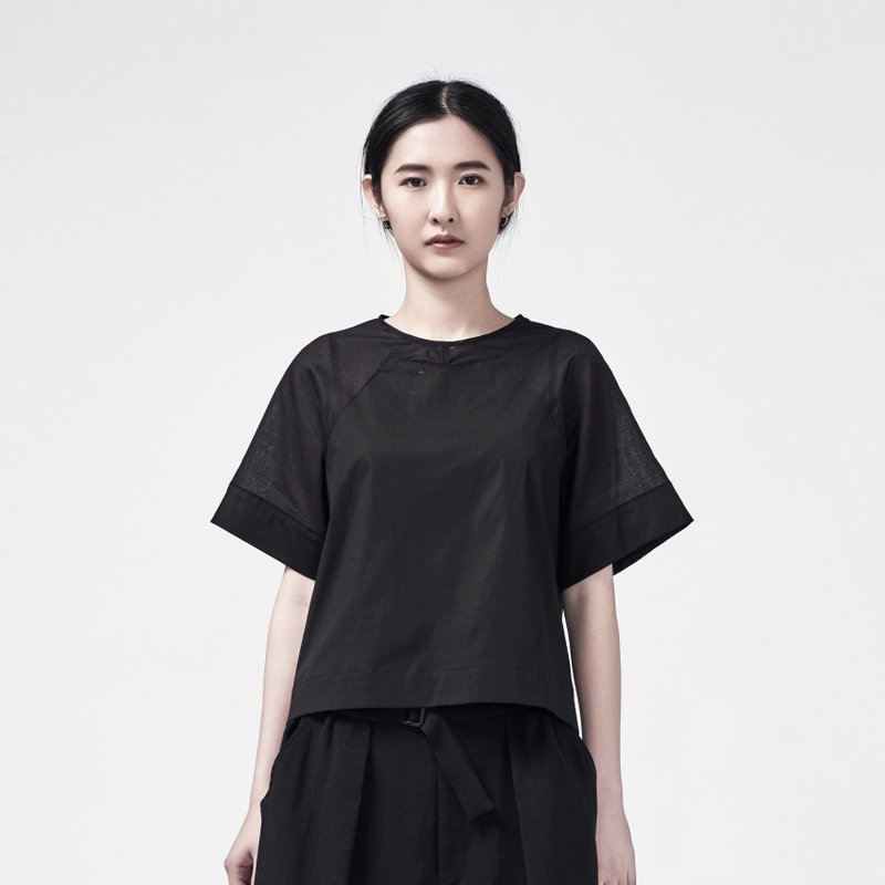 TRAN- 透明宽袖拉克兰上衣 - 女装上衣 - 棉 黑色