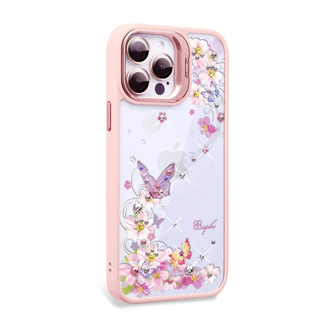 iPhone 15系列 防震双料隐形立架彩钻手机壳-迷蝶香-粉框 - 手机壳/手机套 - 其他材质 多色