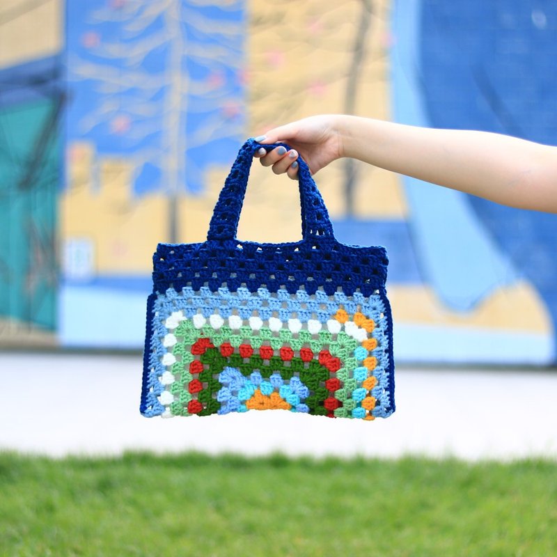 简约对折织片手提袋 - 蓝绿主调 - 手提包/手提袋 - 棉．麻 多色