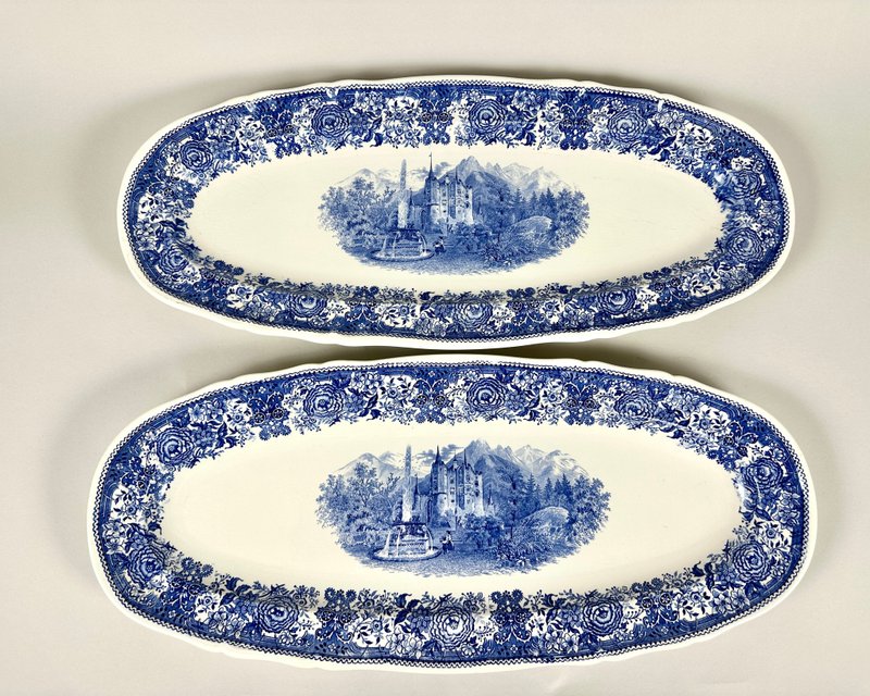 复古 V&B Burgenland 蓝色大盘子 德国 1940-50 年代 - 盘子/餐盘/盘架 - 瓷 白色