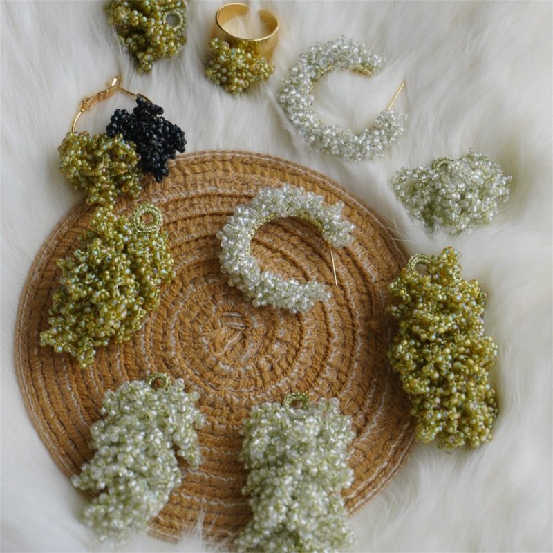 绿色系钩针串珠饰品米珠串珠耳饰耳钉日式钩针编织串珠可换耳夹 - 耳环/耳夹 - 其他材质 