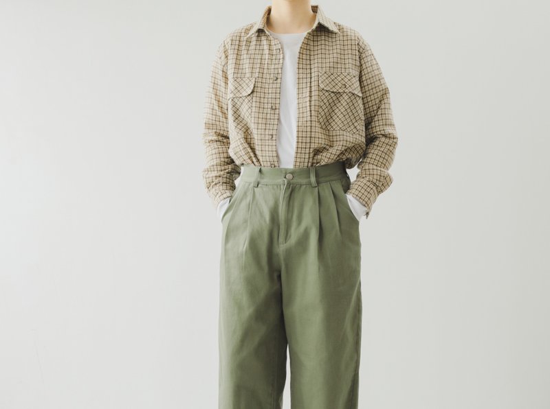 【少年感】美式复古/格纹磨毛/寬鬆棉质衬衫 - 女装衬衫 - 棉．麻 卡其色