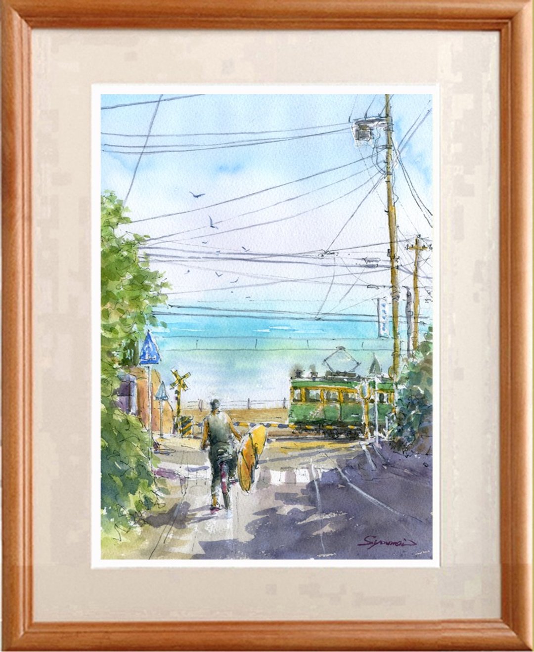 Original watercolor painting Sea of ​​Shonan, surfer and Enoden - 海报/装饰画/版画 - 纸 蓝色