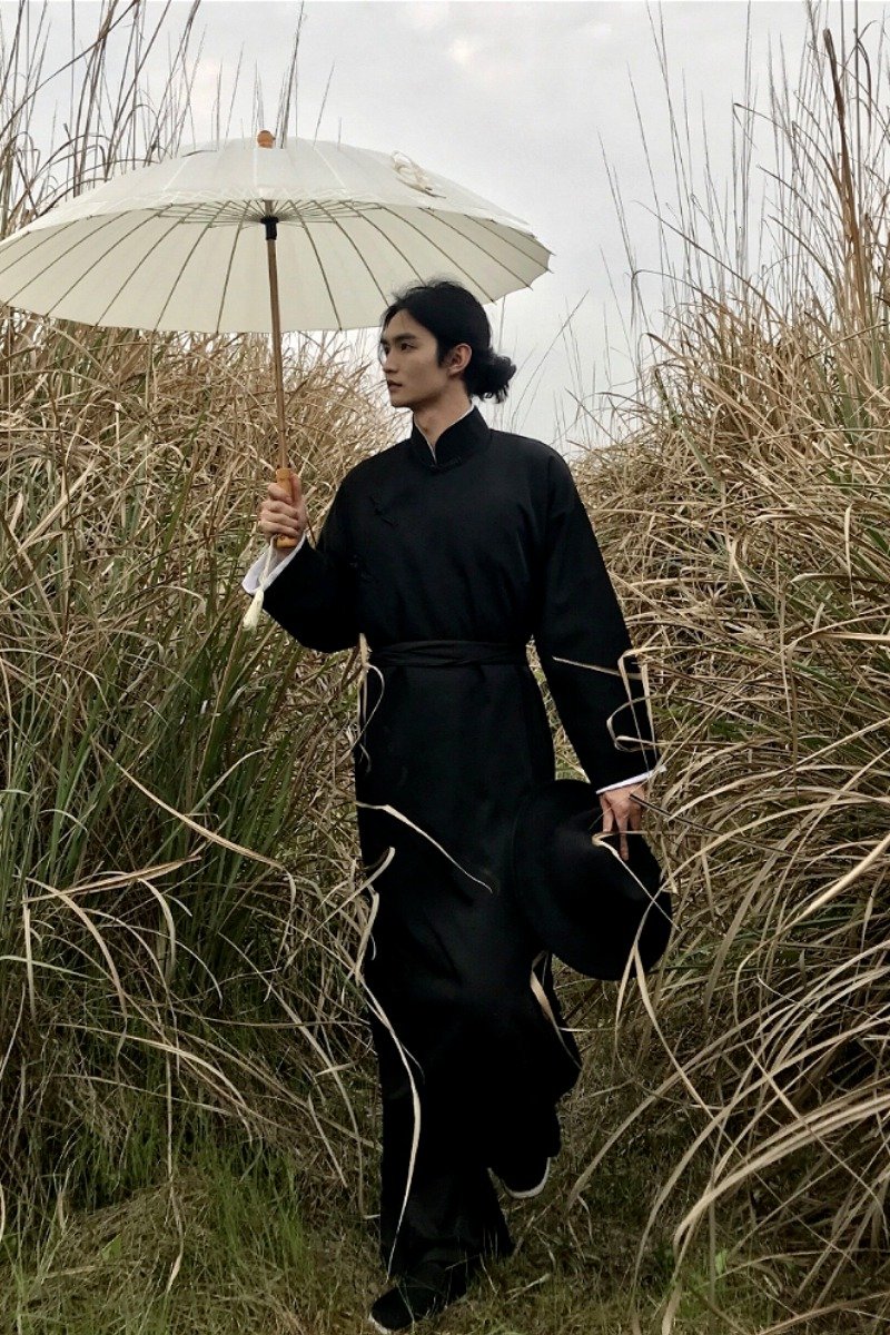 乱山昏 斜襟单排盘扣/民国新中式长衫长袍大褂/男女同款纯色束腰 - 其他 - 棉．麻 黑色