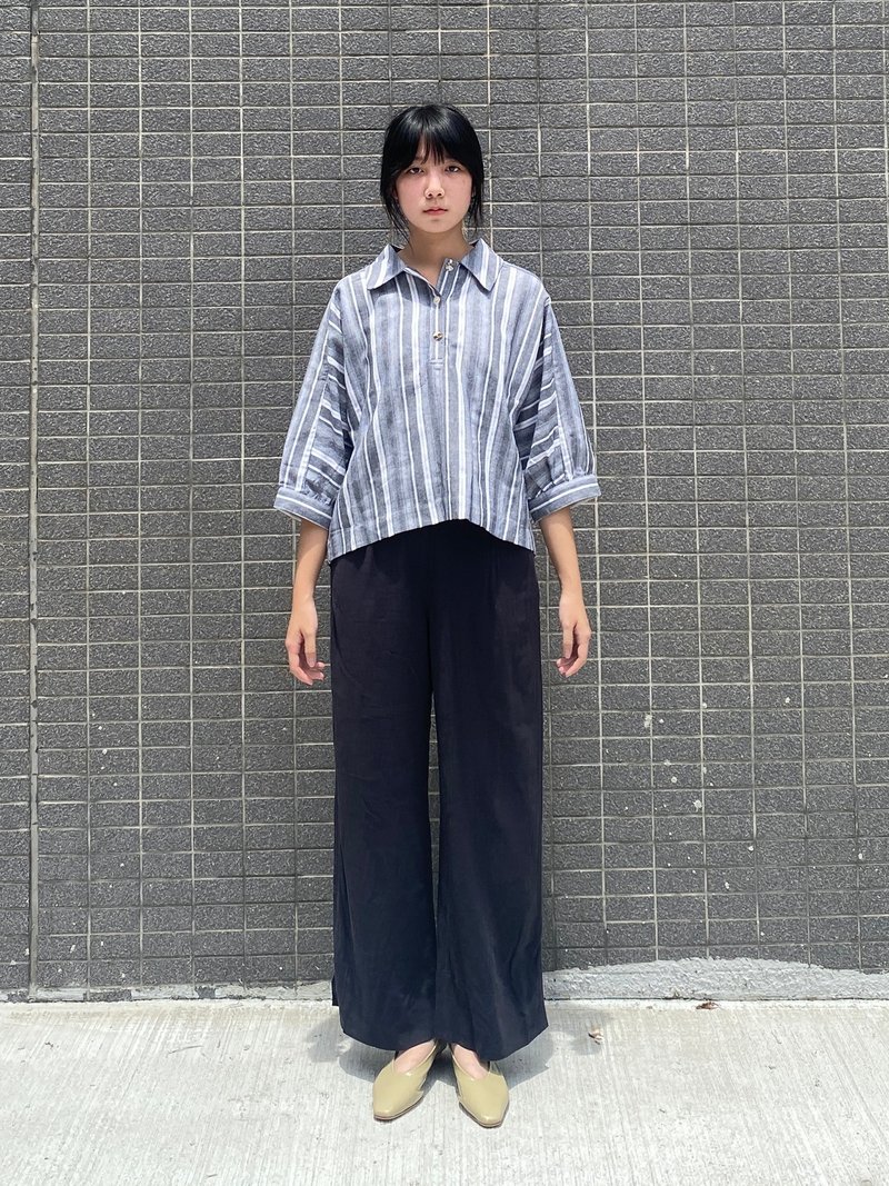 拼接袖造型上衣 - 女装上衣 - 棉．麻 蓝色