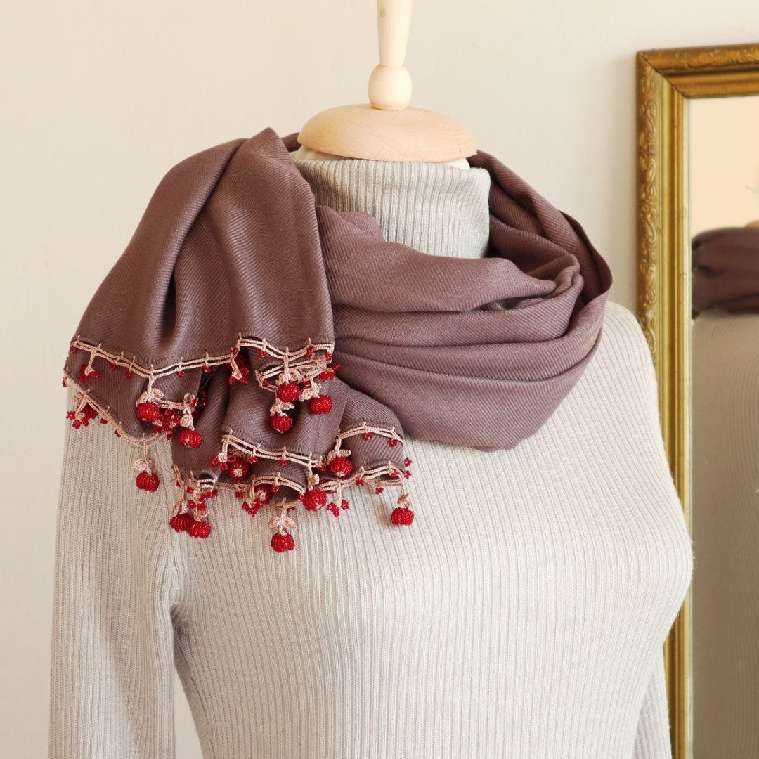 OYA crochet Pashmina shawl - BERRY - Cocoa - 丝巾 - 羊毛 咖啡色