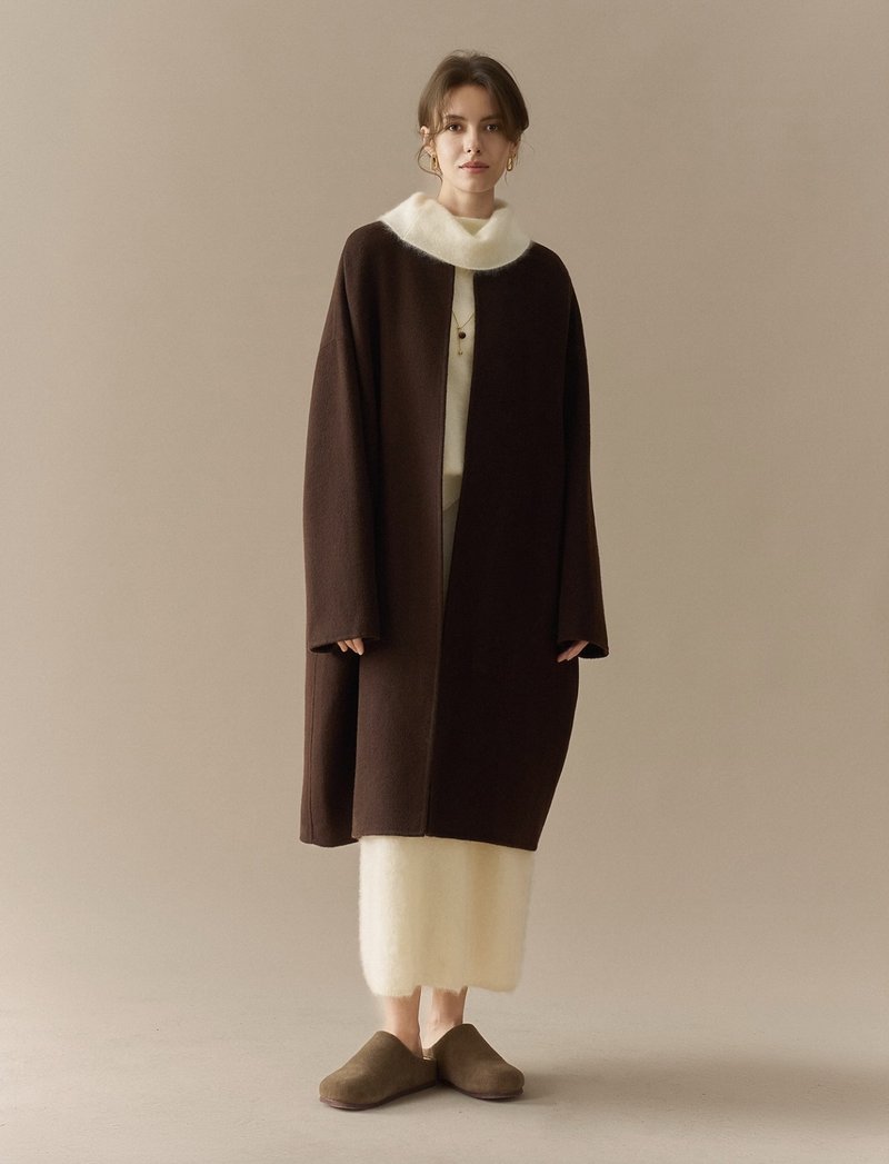 法式复古 / 手工双面呢长款大衣 / 高支全羊毛 - 女装休闲/机能外套 - 其他材质 咖啡色