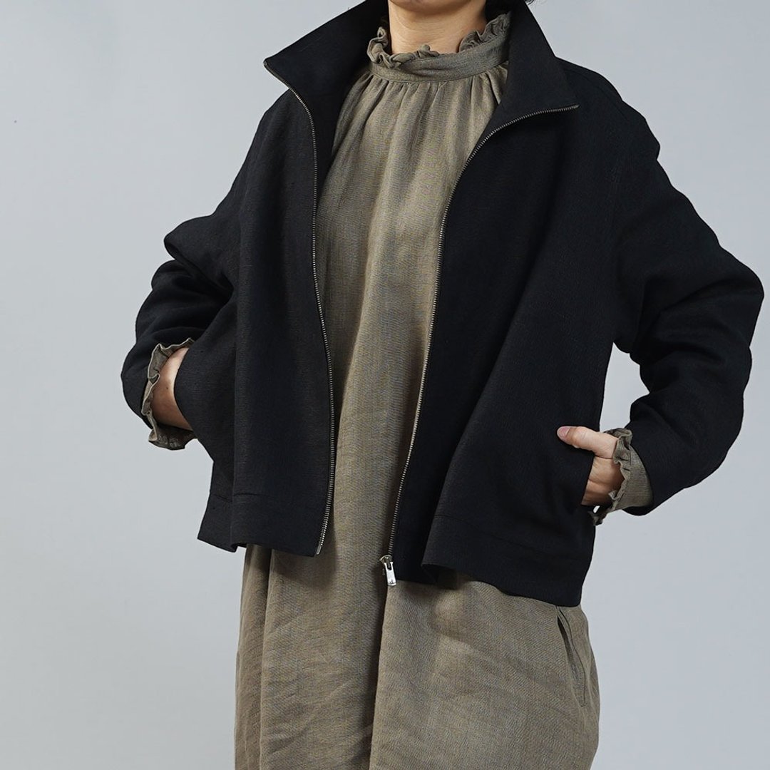 wafu --Flax cloak Midweight Linen Blouson Jacket / Black h045b-bck2 - 女装休闲/机能外套 - 亚麻 黑色