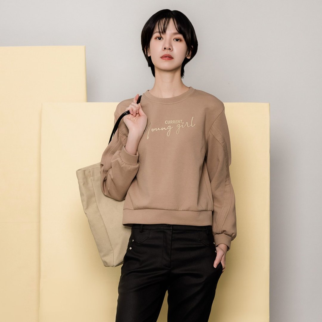【MEDUSA】young girl 蓬蓬袖剪裁大学T(M-XL) | 女休闲上衣 - 女装 T 恤 - 棉 卡其色