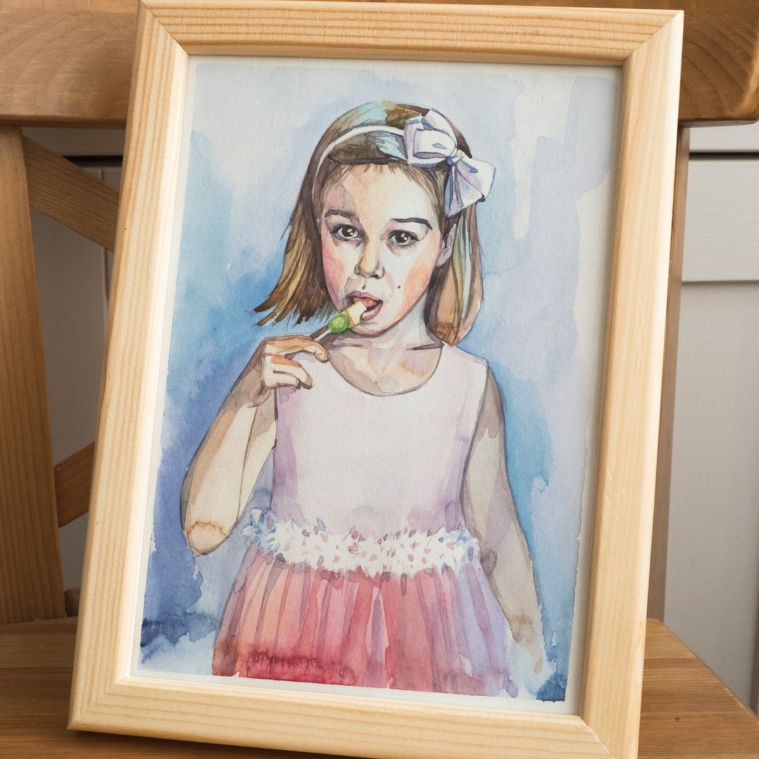 hand drawn watercolor custom childs portrait from photo - 订制画像 - 纸 多色