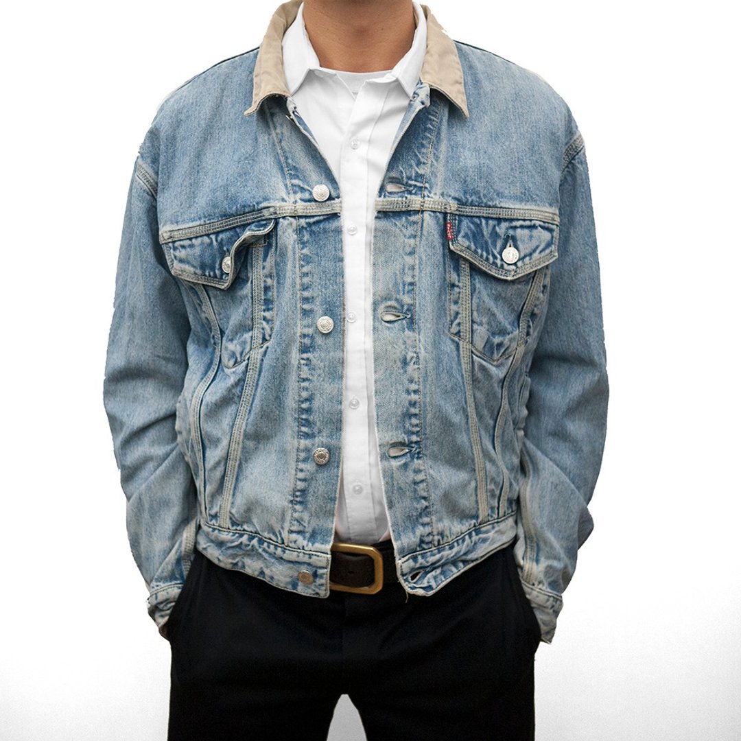 LEVI'S 牛仔外套 二手 古着 水洗 刷色 意大利制造 拼接 撞色 卡 - 男装外套 - 棉．麻 蓝色