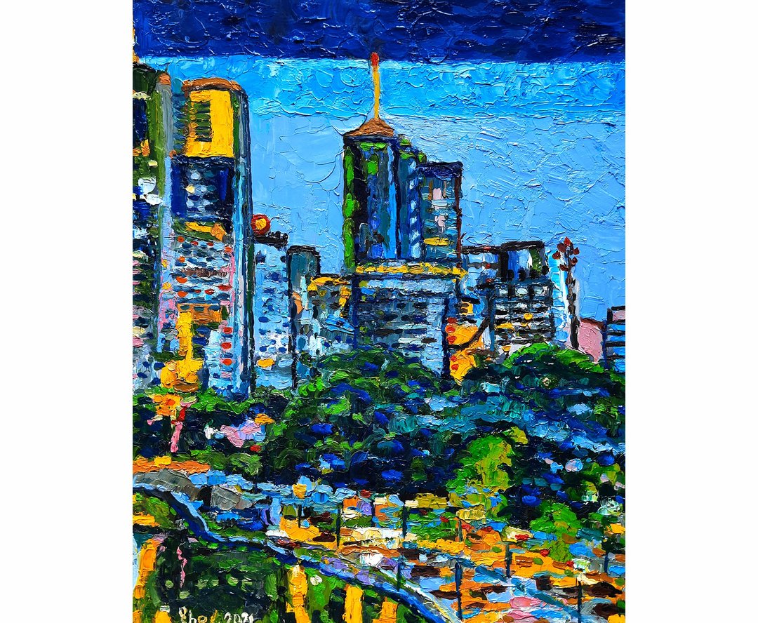 Night City Painting Original Art Impasto Oil Painting Wall Decor Art - 墙贴/壁贴 - 其他材质 蓝色