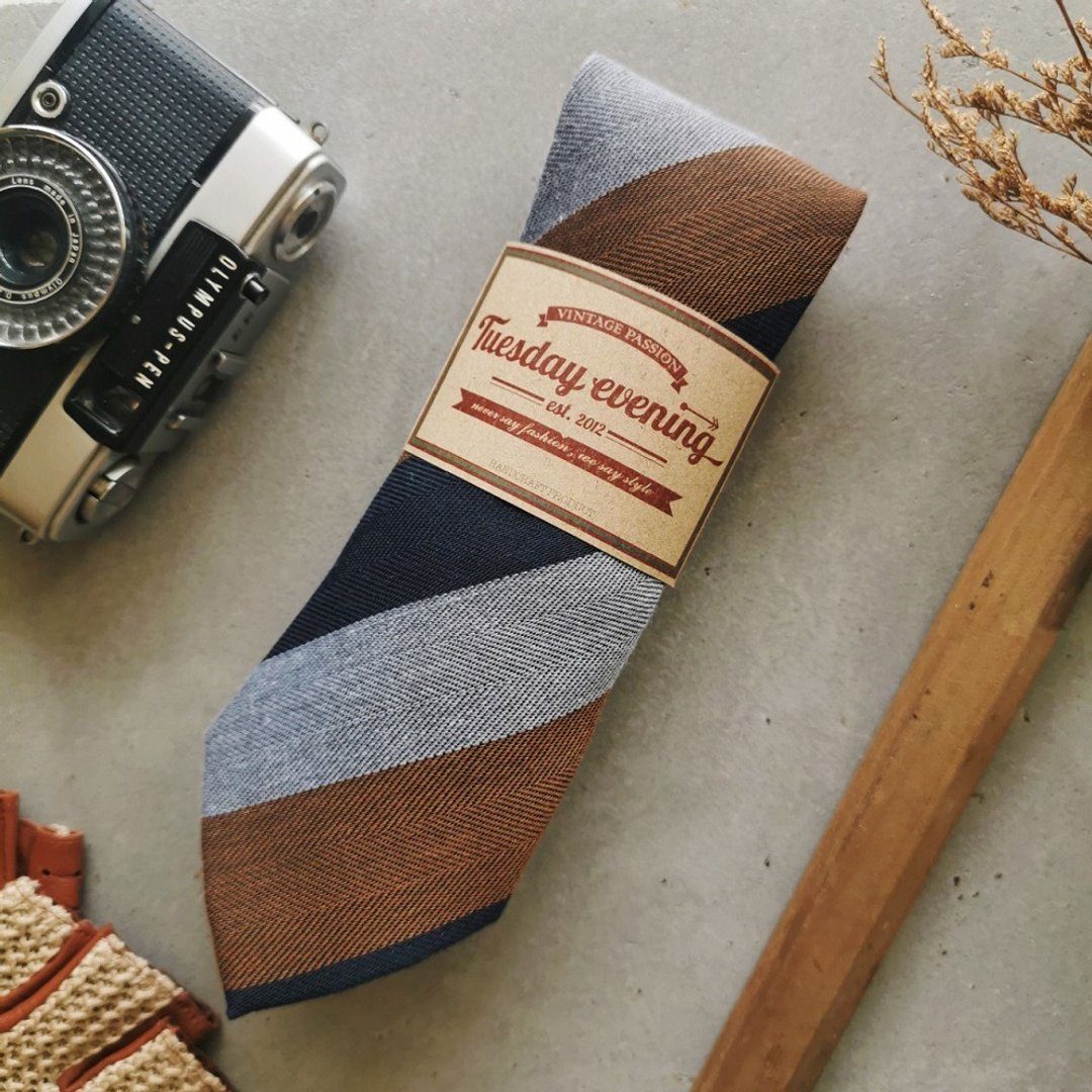Necktie Navy Blue Brown Earth tone stripe | 8cm - 领带/领带夹 - 棉 多色
