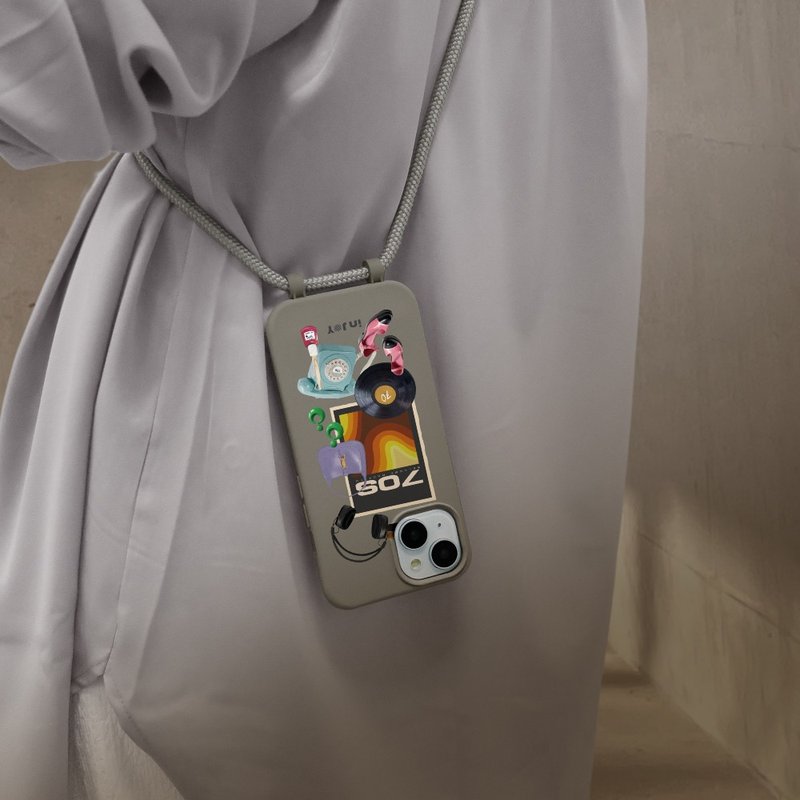 iPhone 17/16/15/14/13/12/SE3 嬉皮70年代 二合一防摔背绳手机壳 - 手机壳/手机套 - 塑料 灰色