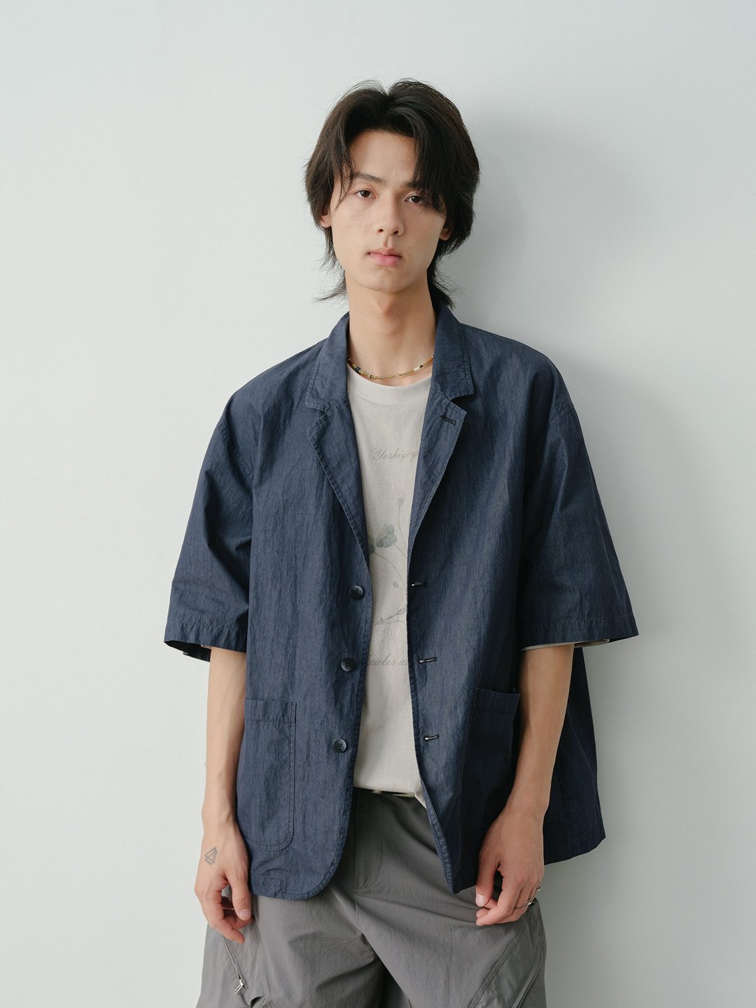 西装感 短袖衬衫5分袖上衣 - 男装衬衫 - 其他材质 蓝色