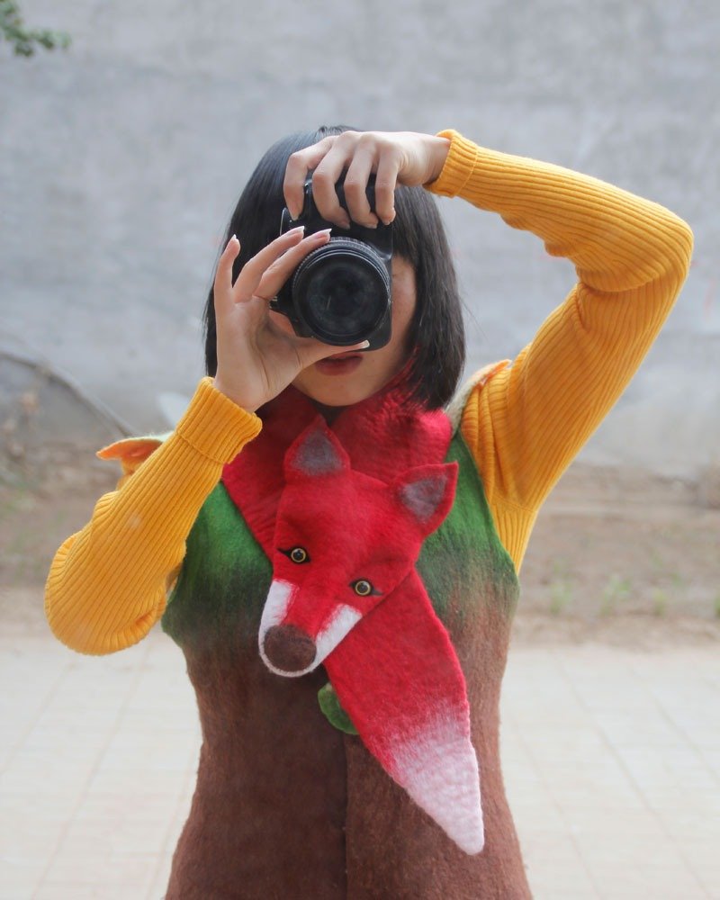 羊毛皮草狐狸围脖 创意手工加厚保暖装饰披肩 立体动物造型围巾  - 围巾/披肩 - 羊毛 红色