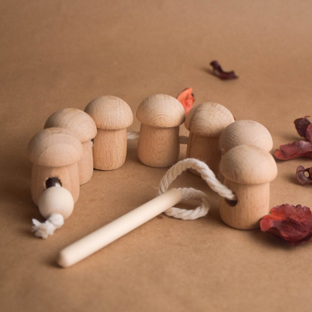 Wood Lacing Toy Wooden Mushrooms - 玩具/玩偶 - 木头 多色