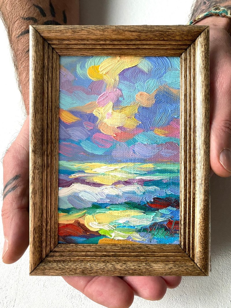 海景油画原创海景画厚涂小幅艺术品海洋海岸壁画 - 墙贴/壁贴 - 木头 