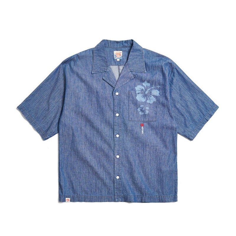 江户胜 日系 男装 胸口袋雷射短袖衬衫(中古蓝) #衬衫 - 男装衬衫 - 棉．麻 蓝色