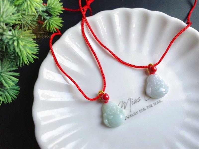 天然缅甸玉翡翠 弥勒佛 佛公 保佑小孩子平安健康项链 礼物佛像 - 吊饰 - 玉石 绿色